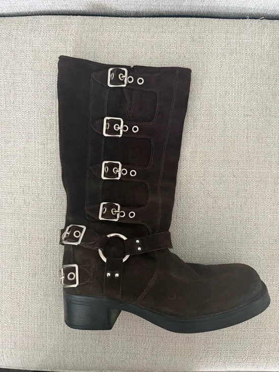 Steve Madden Brocks Chocolate Brown Suede Buckle Slouch Mid-Calf Moto Boots - Picture 4 of 12